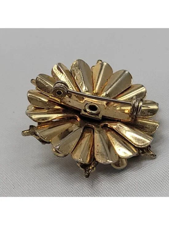 Vtg Gold-Tone Rhinestone Starburst Brooch Pin Turquoise & Clear Crystals Floral - Picture 3 of 10